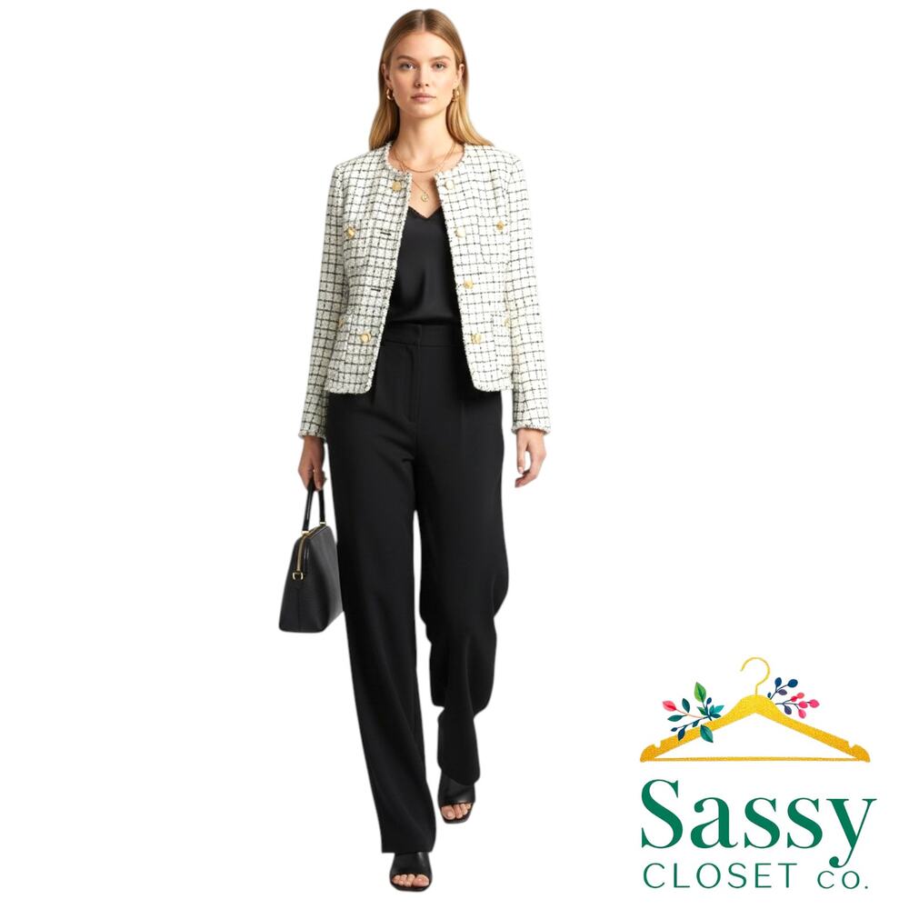 ANN TAYLOR White Tweed Lady Jacket 12 NWOT Collarless Cropped Plaid Blazer